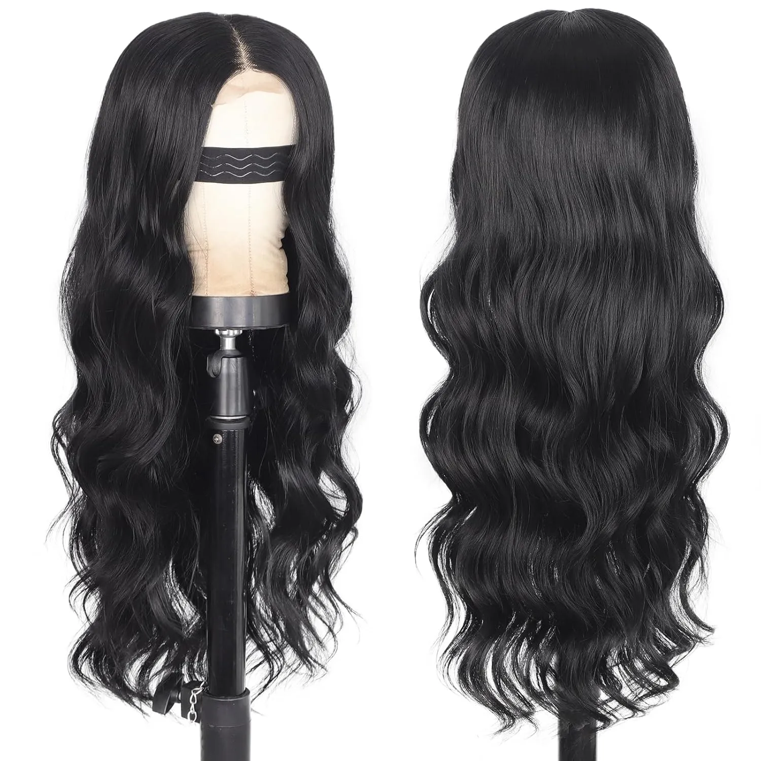 Long Black Wigs for Women, Black Curly Wavy Wig, 26 Inch Natural Looking Women's Charming Synthetic Middle Part Heat Resistant Fiber Wig for Daily Party Use