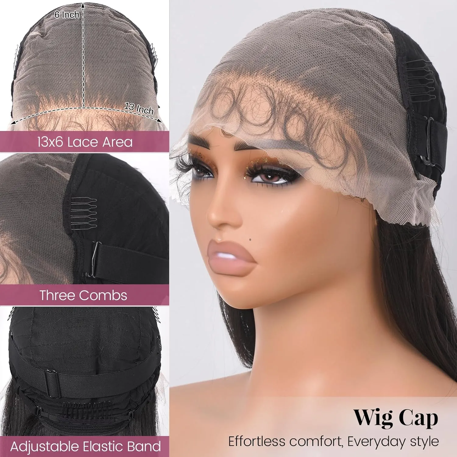 Long Straight Lace Front Wig 13x6 Layered Synthetic Lace Wig with Baby-hair, Natural Synthetic Hair As Human Hair (Black, 24 Inch)