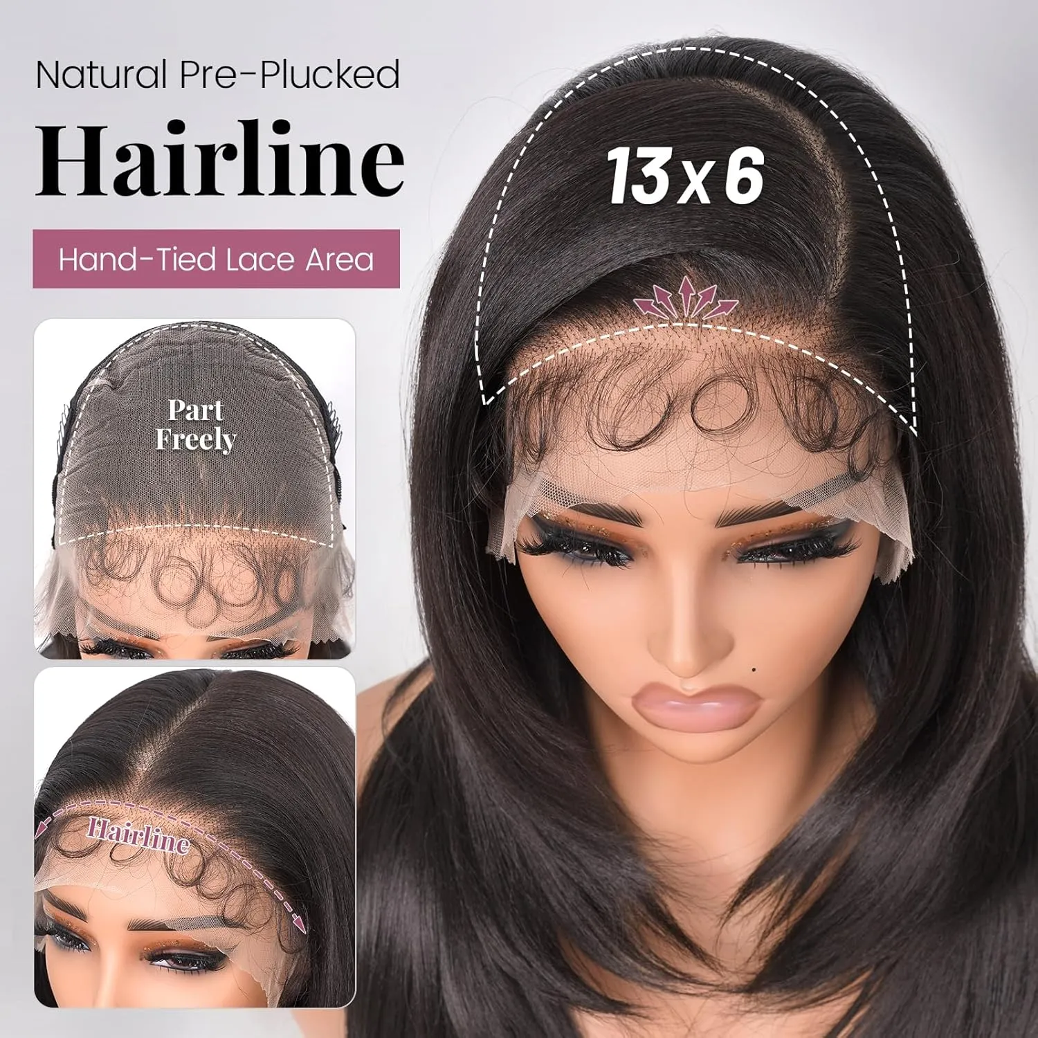 Long Straight Lace Front Wig 13x6 Layered Synthetic Lace Wig with Baby-hair, Natural Synthetic Hair As Human Hair (Black, 24 Inch)