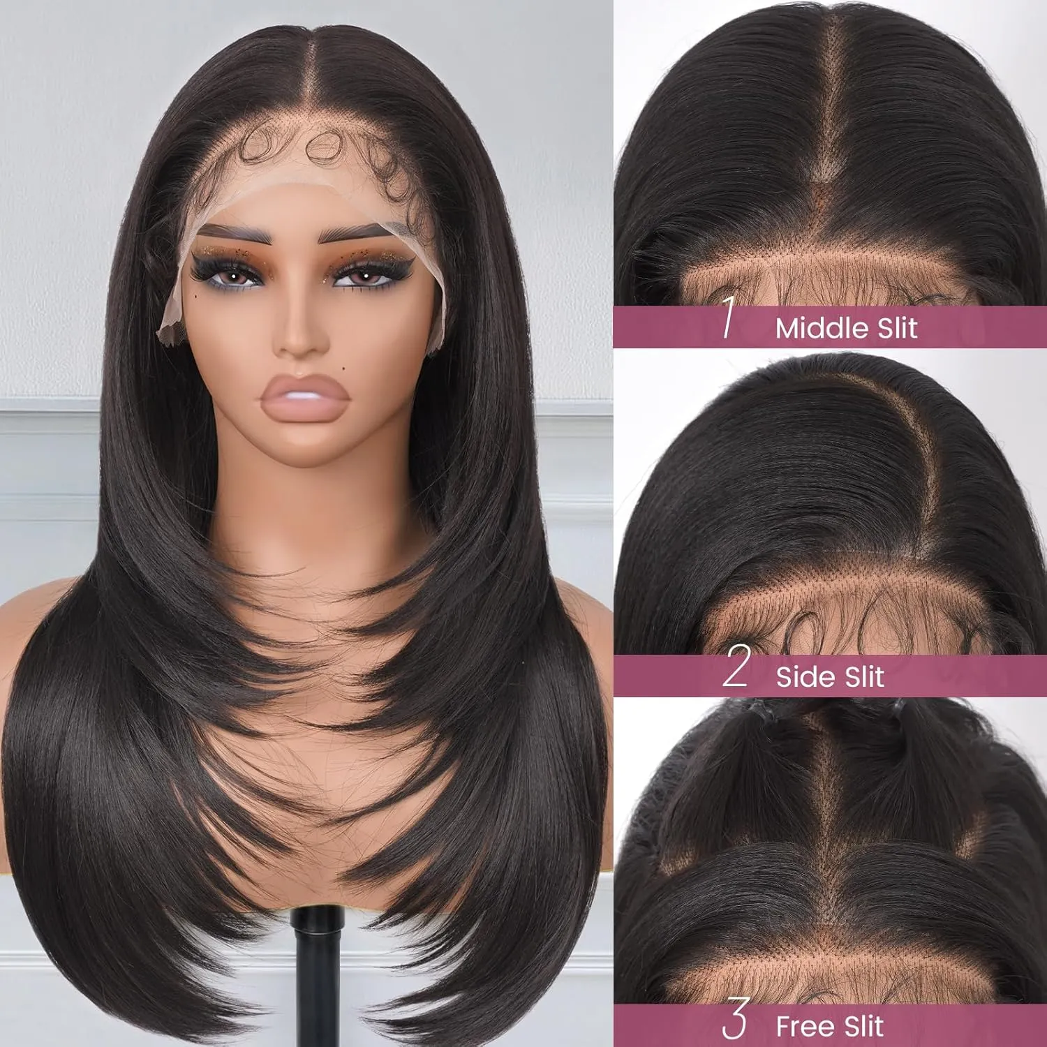 Long Straight Lace Front Wig 13x6 Layered Synthetic Lace Wig with Baby-hair, Natural Synthetic Hair As Human Hair (Black, 24 Inch)