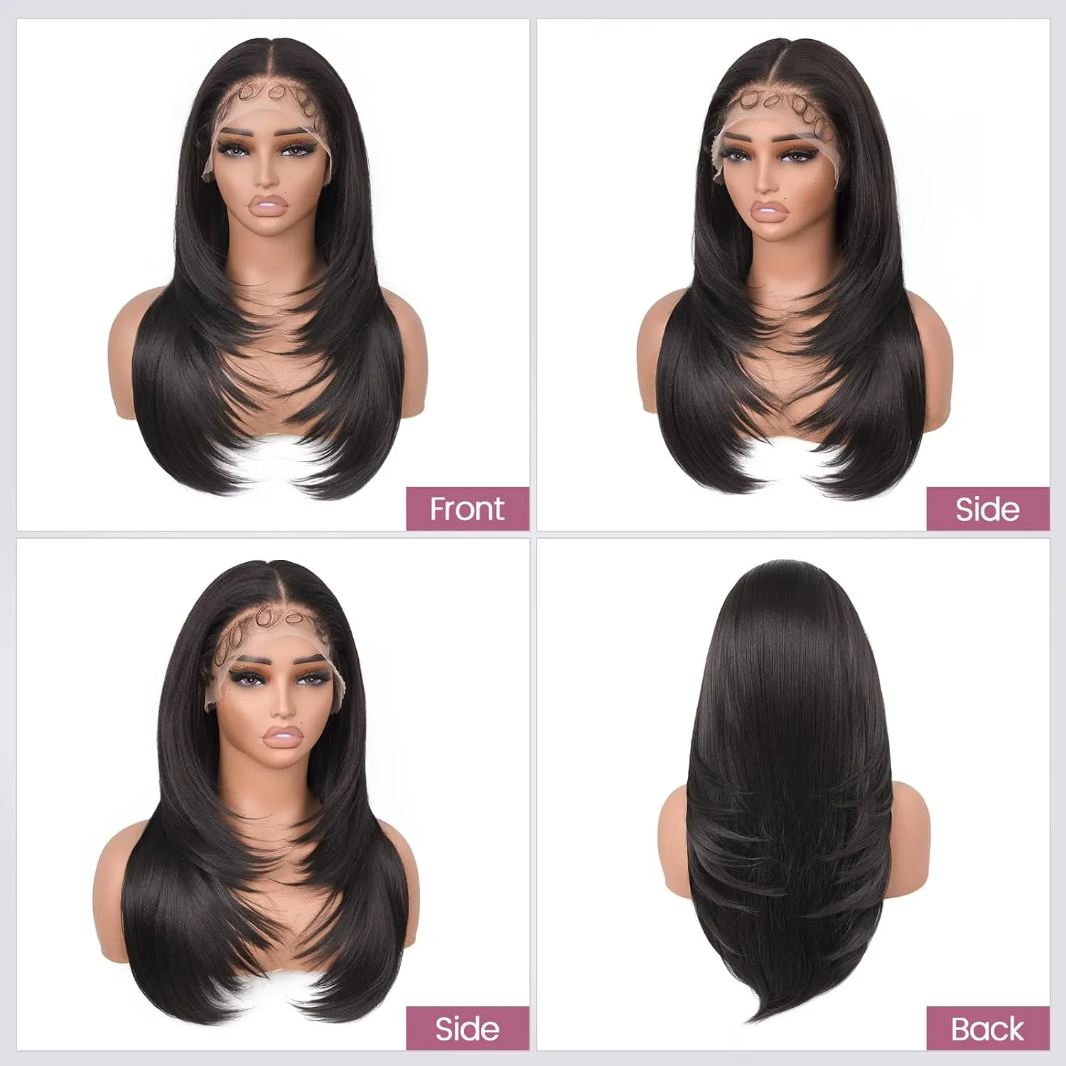 Long Straight Lace Front Wig 13x6 Layered Synthetic Lace Wig with Baby-hair, Natural Synthetic Hair As Human Hair (Black, 24 Inch)