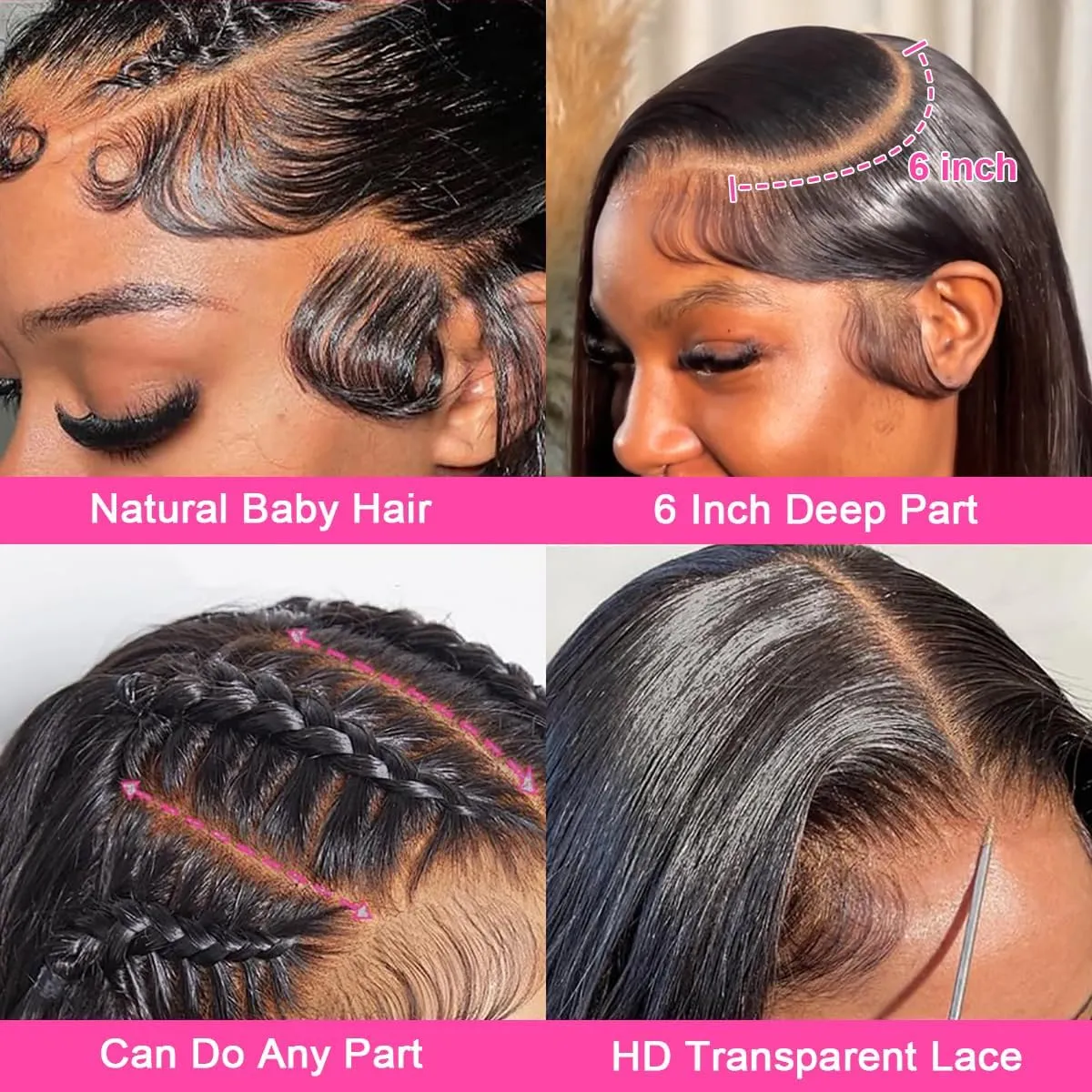 Long Straight Lace Front Wig 13x6 Layered Synthetic Lace Wig with Baby-hair, Natural Synthetic Hair As Human Hair (Black, 24 Inch)