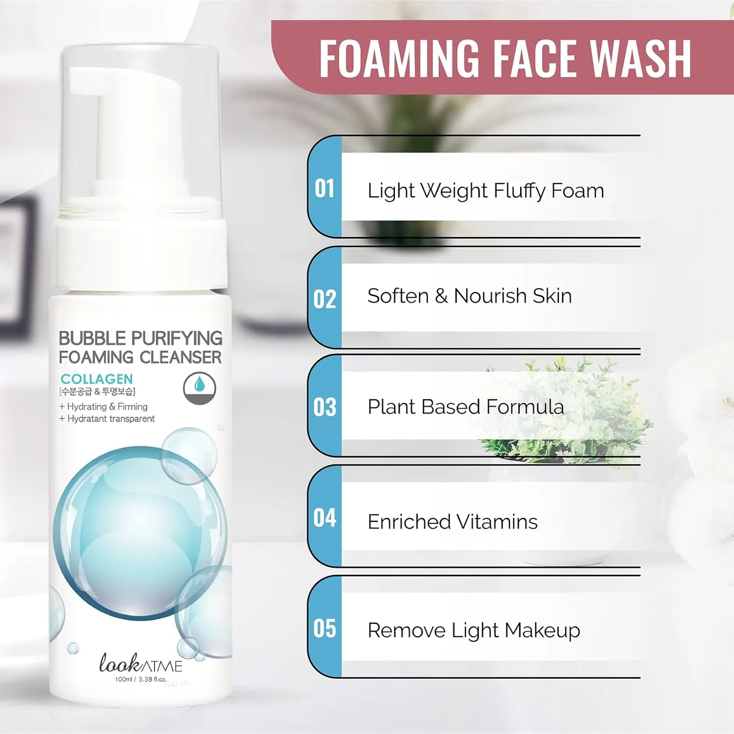 LOOKATME Korean Face Wash for Sensitive Skin - Water Based Bubble Skincare Cleanser - K Beauty Natural Acne Foaming Cleaner - Hydrating Skin Care Cleansing Foam with Low pH - Collagen