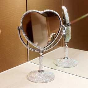 Luxury Bling Double-Sided Tabletop Makeup Mirror, Heart Shape Metal Makeup Mirror with 1:2 Magnifying Mirror, Rotating Mirror (Silver)