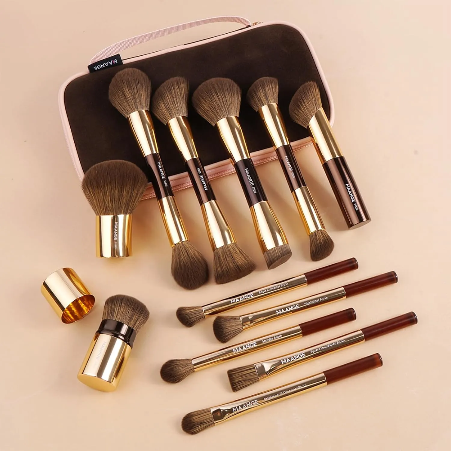 MAANGE Makeup Brushes 12 Pcs With Bag, Multi-functional Makeup Brushes Set for Dual-Head Contour Powder Blush Foundation Blending Eyeshadow Make up Brushes Set (Coffee Gold, 12 Piece 1 bag)