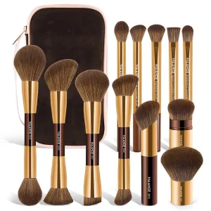 MAANGE Makeup Brushes 12 Pcs With Bag, Multi-functional Makeup Brushes Set for Dual-Head Contour Powder Blush Foundation Blending Eyeshadow Make up Brushes Set (Coffee Gold, 12 Piece 1 bag)
