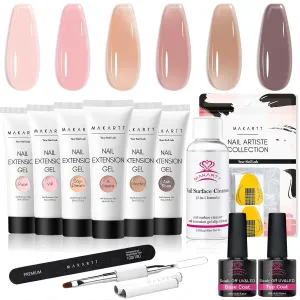 Makartt Poly Nail Gel Kit: 6 Nude Colors Solid Builder 15ML for Extension Enhancement Set with Slip Solution Base Top Coat Dual Forms All in One Hard Gels for Nails Starter Supplies Kit