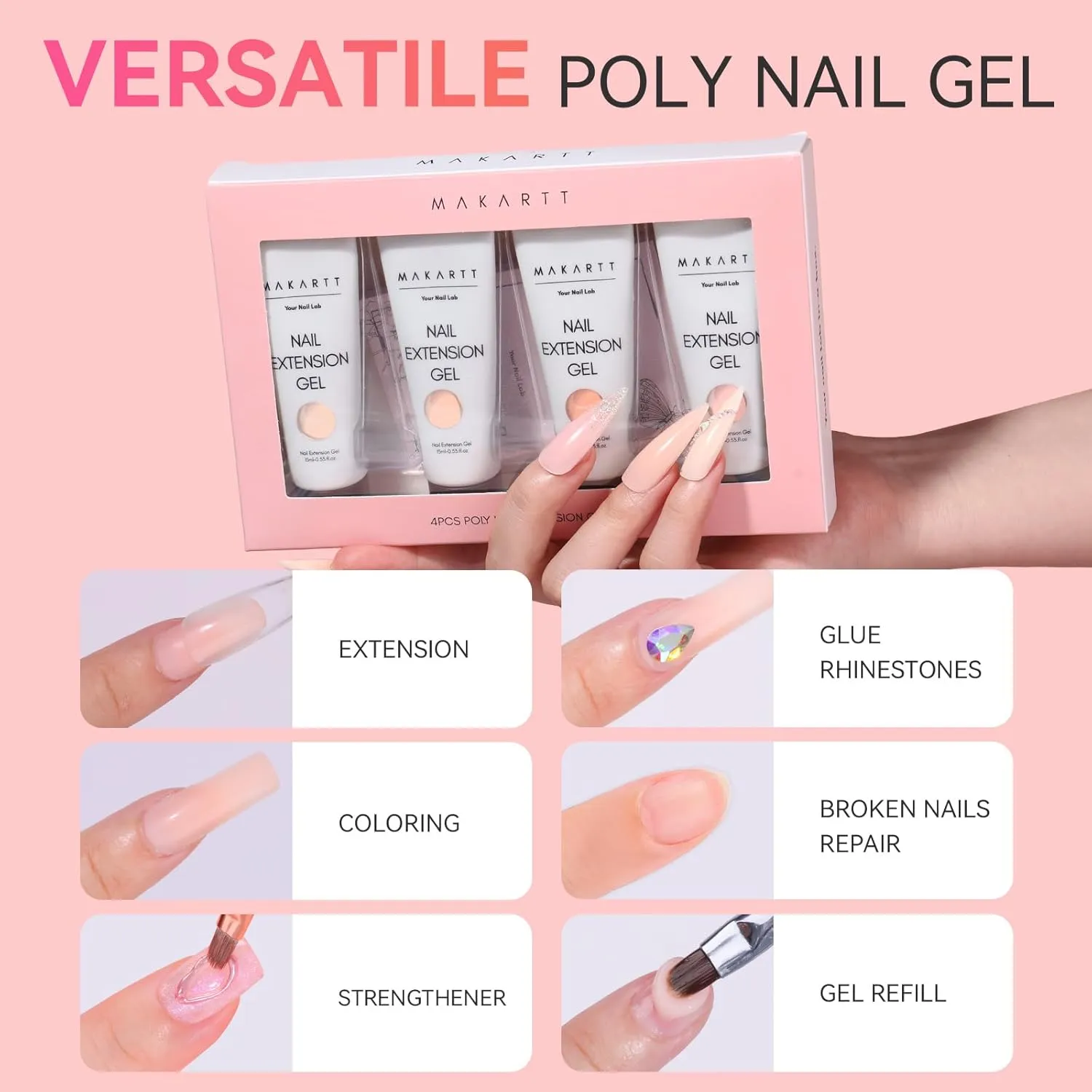 Makartt Poly Nail Gel Set: 4 Nude Pink 15ML, Strong Builder for Extension Strengthener, Long Lasting, Neutral Classic Colors French Manicure Kit Salon Supplies At Home
