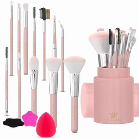 Make Up Brushes Pack of 12 - Ultra-Soft Makeup Brushes Set with Case and Bonus of Foundation Sponge - Fast-Drying, No-Shedding - Easy to Use Makeup Brush Set with Case (pink)