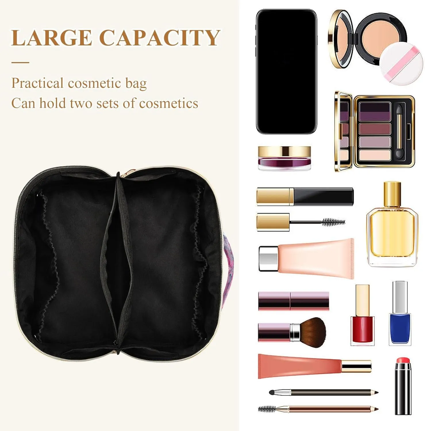 Makeup and Skincare Travel Bag with Divider and Handle Spacious Organizer Case for Women on the Move