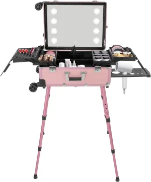 Makeup Bag, Aluminum Alloy Rolling Makeup Case with LED Light, Mirror and Wheels, Adjustable Legs, Free Standing Cosmetic Train Table Make-Up Station Pink Max.Load 50kg/110.23lbs