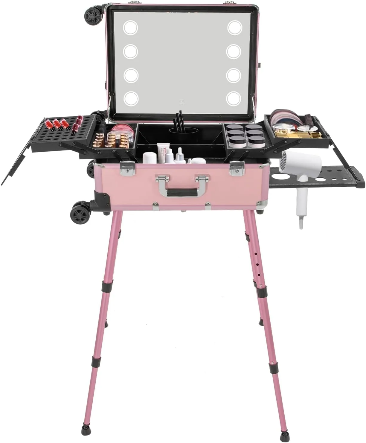 Makeup Bag, Aluminum Alloy Rolling Makeup Case with LED Light, Mirror and Wheels, Adjustable Legs, Free Standing Cosmetic Train Table Make-Up Station Pink Max.Load 50kg/110.23lbs