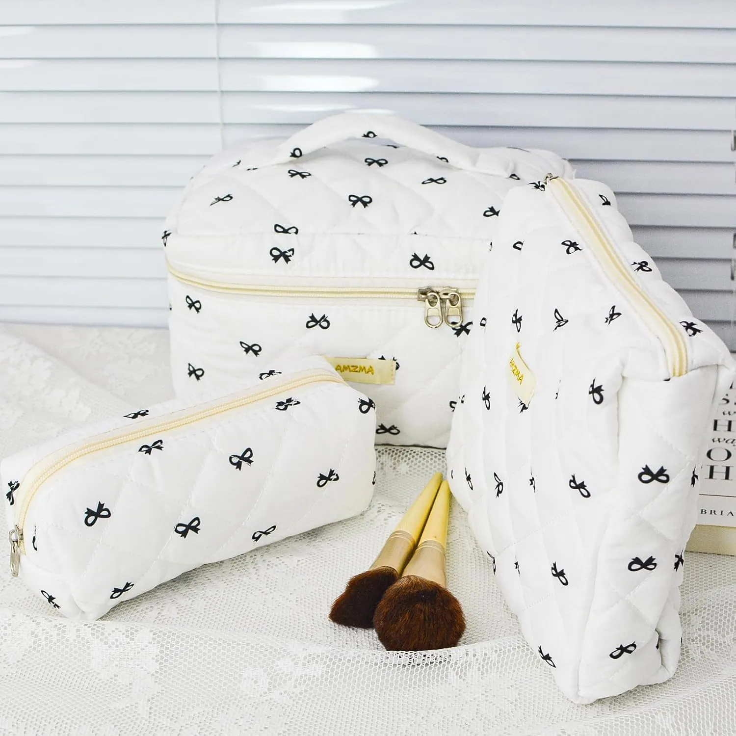 Makeup Bag Travel Cosmetic Bag, 3 PCS Quilted Make Up Bags for Women Makeup Organizer Case, Coquette Makeup Pouch Travel Essentials Toiletries Accessories