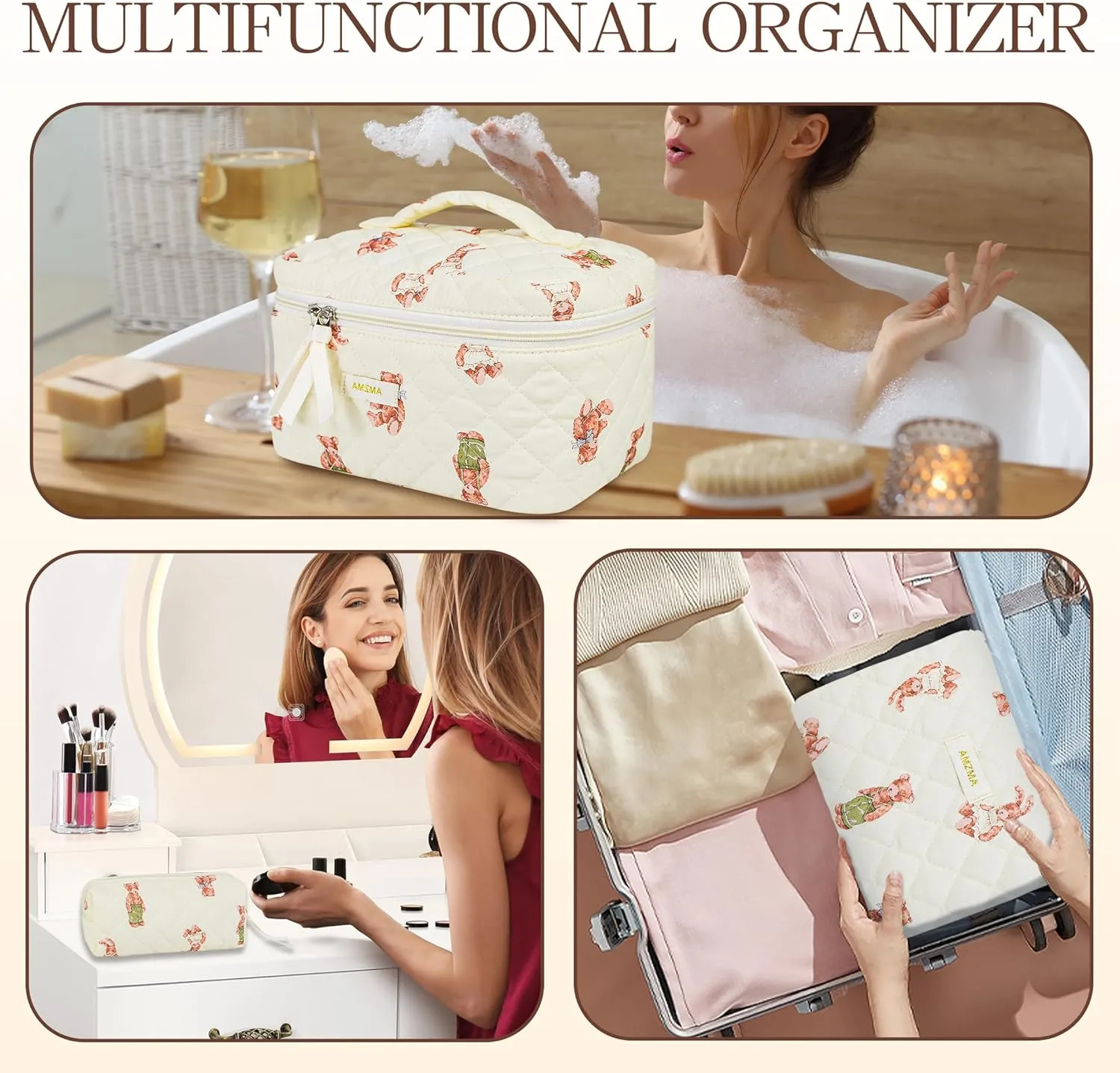 Makeup Bag Travel Cosmetic Bag, 3 PCS Quilted Make Up Bags for Women Makeup Organizer Case, Coquette Makeup Pouch Travel Essentials Toiletries Accessories