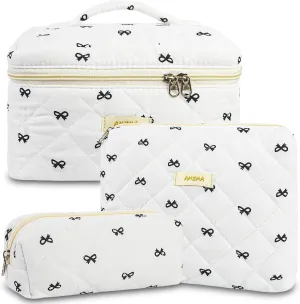 Makeup Bag Travel Cosmetic Bag, 3 PCS Quilted Make Up Bags for Women Makeup Organizer Case, Coquette Makeup Pouch Travel Essentials Toiletries Accessories