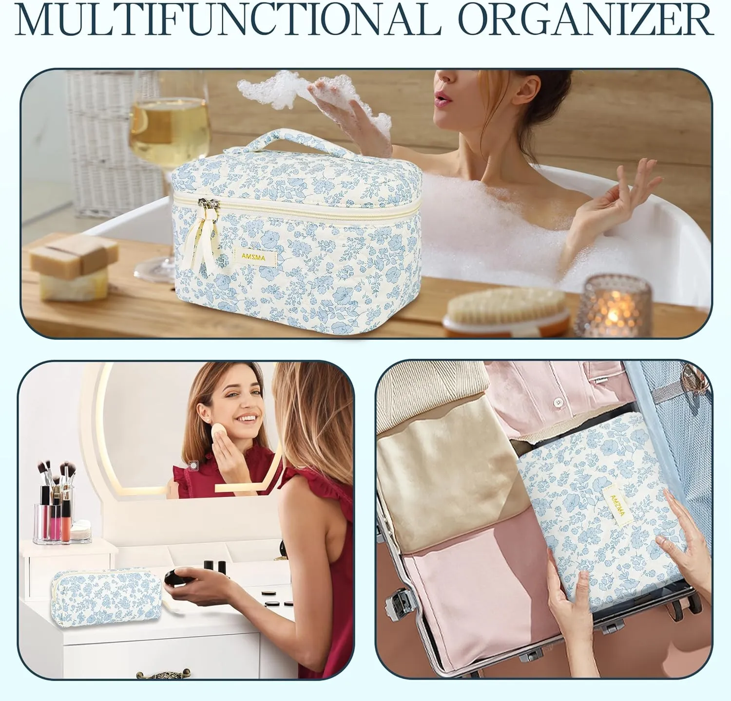 Makeup Bag Travel Cosmetic Bag, 3 PCS Quilted Make Up Bags for Women Makeup Organizer Case, Coquette Makeup Pouch Travel Essentials Toiletries Accessories