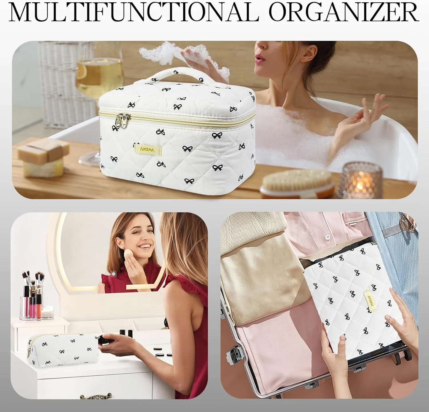 Makeup Bag Travel Cosmetic Bag, 3 PCS Quilted Make Up Bags for Women Makeup Organizer Case, Coquette Makeup Pouch Travel Essentials Toiletries Accessories