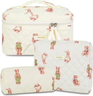 Makeup Bag Travel Cosmetic Bag, 3 PCS Quilted Make Up Bags for Women Makeup Organizer Case, Coquette Makeup Pouch Travel Essentials Toiletries Accessories