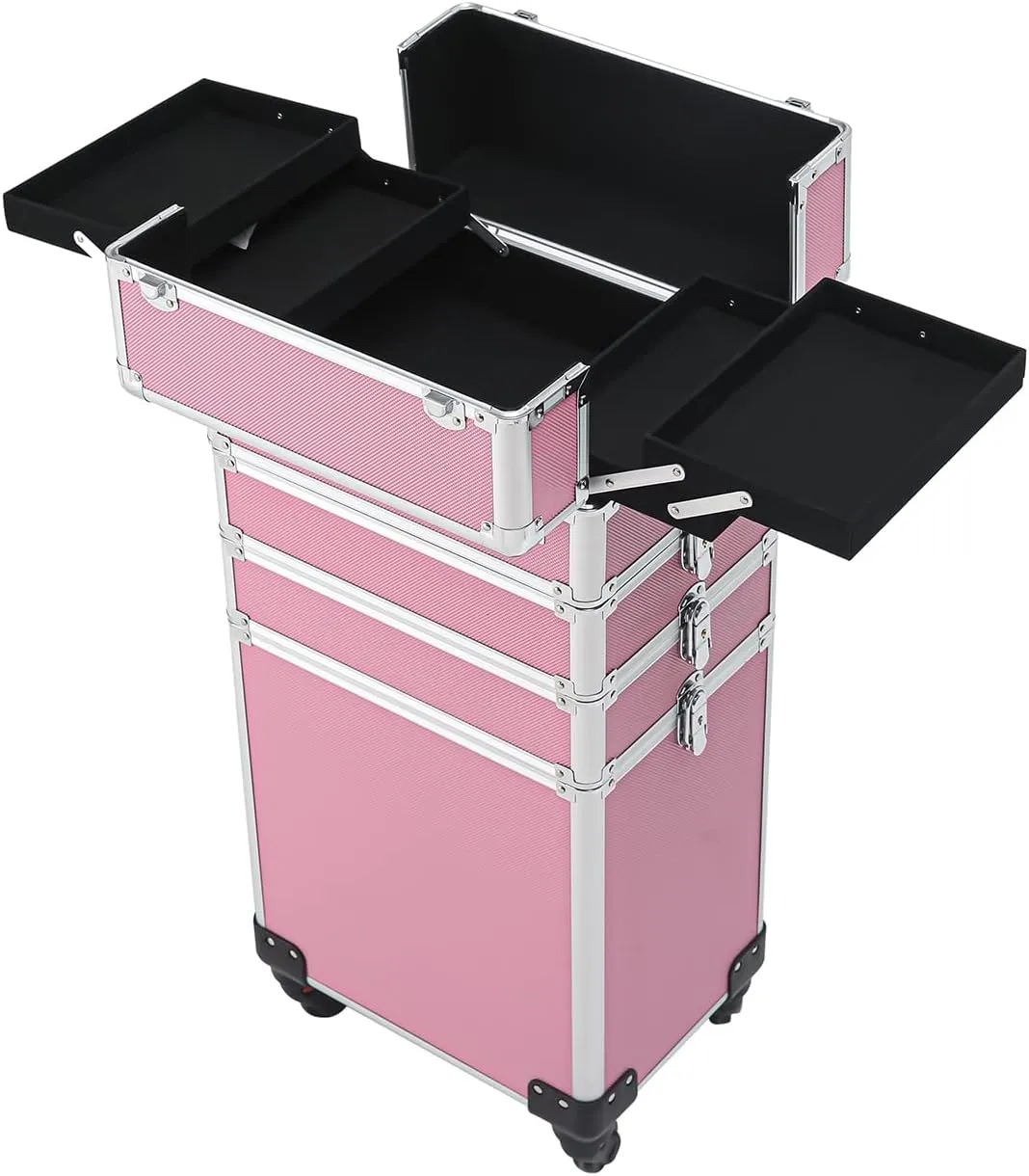 Makeup Box Train Case,4-in-1 Draw-Bar Style Interchangeable Aluminum Rolling Makeup Case, Portable Storage Bag Cosmetic Organizer for Cosmetic Brush Toiletries Travel Accessories (Pink)