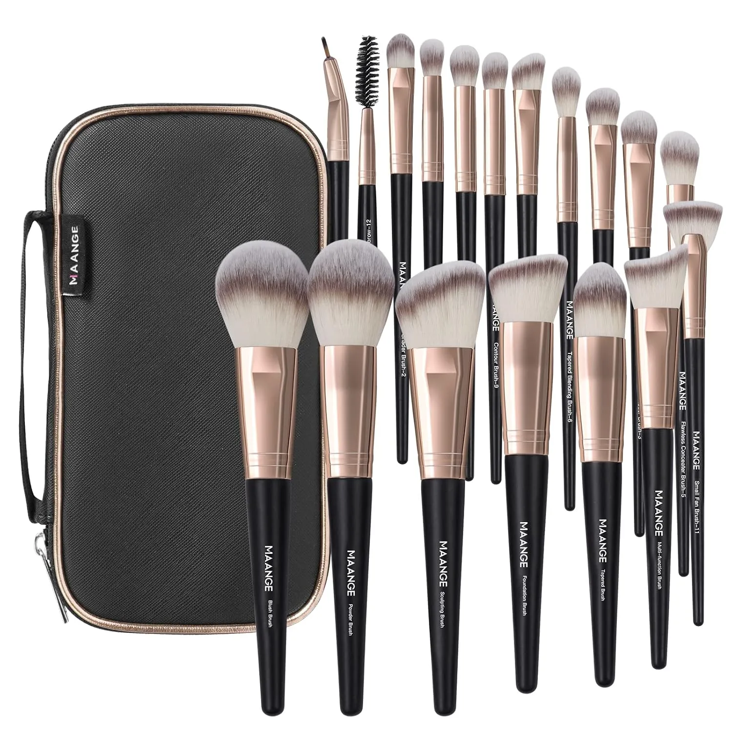 Makeup Brushes with Case, MAANGE 18 Pcs Professional Makeup Brush Set Premium Synthetic Face Kabuki Brush Kit Foundation Blush Powder Eyeshadow Brushes Set Christmas Gift（Coffee)