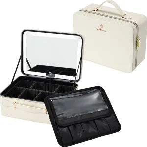 Makeup Case with Detachable Lighted Mirror Travel Train Case Adjustable Brightness in 3 Colors Waterproof Cosmetic Organizer Artist Storage Suitcase with Dividers Brush Holder, White