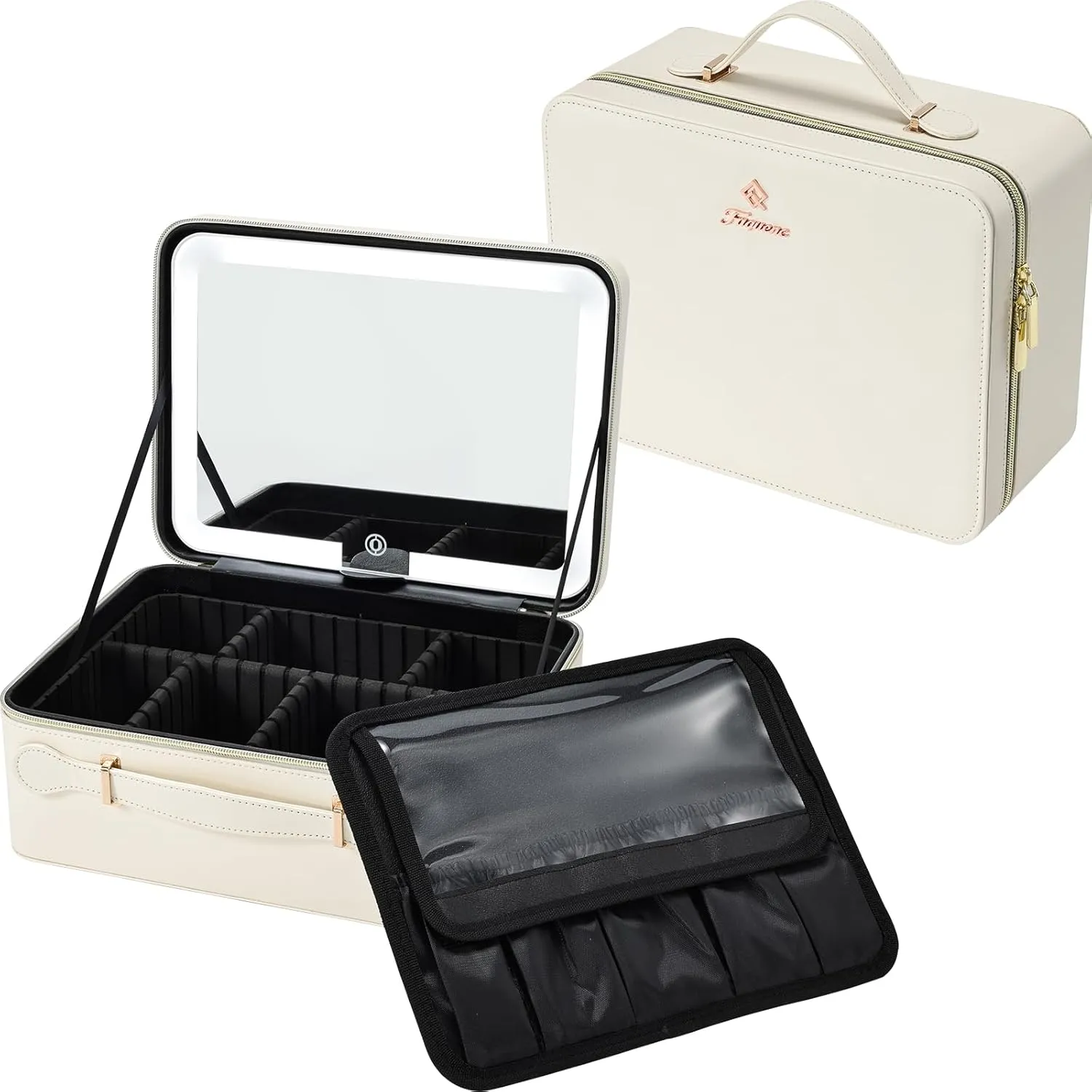 Makeup Case with Detachable Lighted Mirror Travel Train Case Adjustable Brightness in 3 Colors Waterproof Cosmetic Organizer Artist Storage Suitcase with Dividers Brush Holder, White
