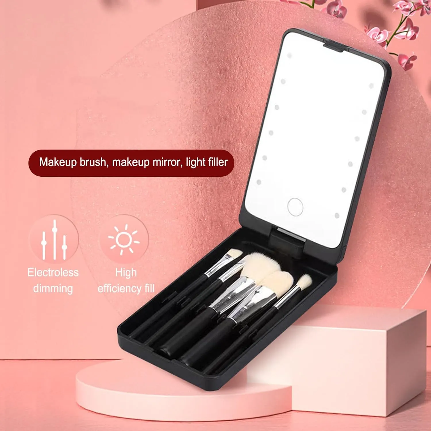 Makeup Case,Travel Makeup Bag with Led Mirror and 5 Makeup Brushes for Travel (Black)