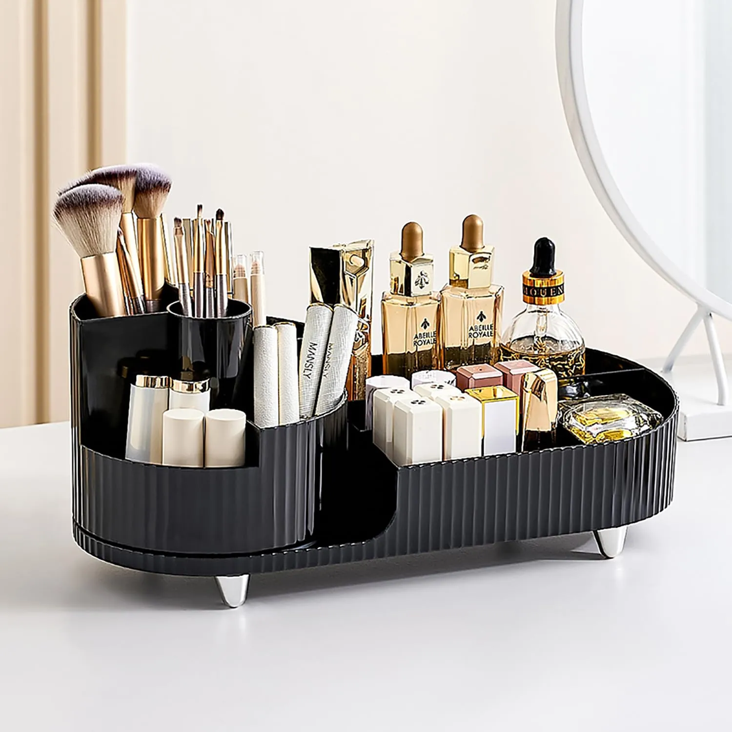Makeup Organizer Countertop Rotating Makeup Organizer for Vanity Large Capacity Cosmetic Display Case with Makeup Brush Holder Cosmetic Organizer Countertop（Black）