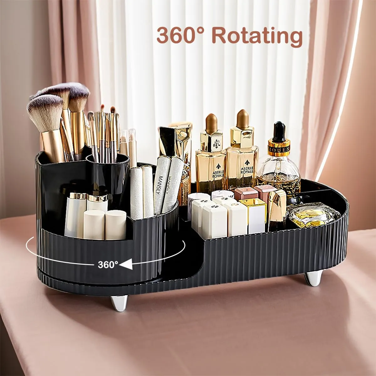 Makeup Organizer Countertop Rotating Makeup Organizer for Vanity Large Capacity Cosmetic Display Case with Makeup Brush Holder Cosmetic Organizer Countertop（Black）