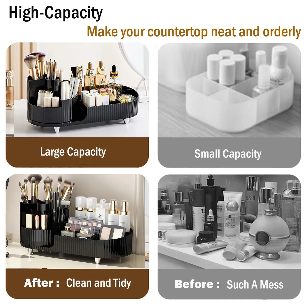 Makeup Organizer Countertop Rotating Makeup Organizer for Vanity Large Capacity Cosmetic Display Case with Makeup Brush Holder Cosmetic Organizer Countertop（Black）