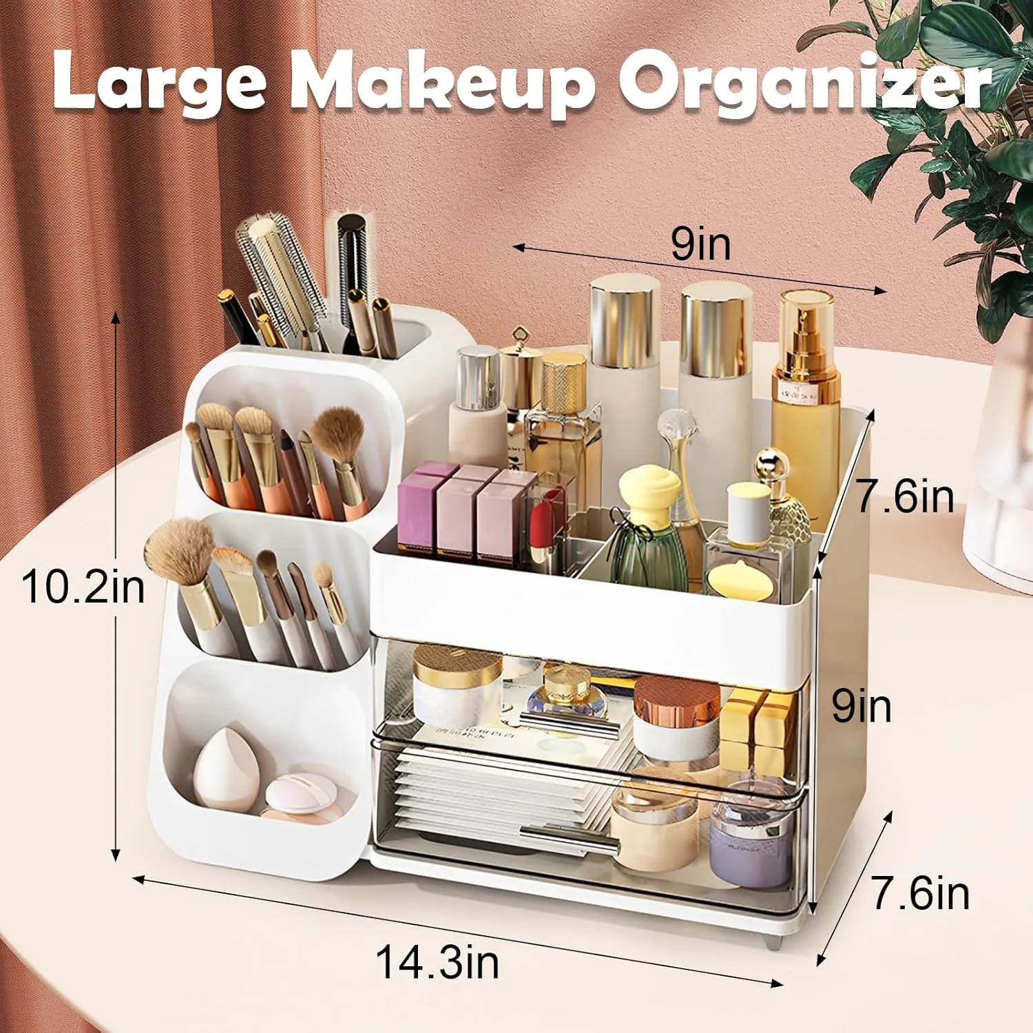 Makeup Organizer Countertop, Vanity Organizer with Brush Holder, Cosmetic Display Case with Drawers, Skincare Organizer for Dresser, Bathroom, Makeup Storage Holder for Women Christmas gifts