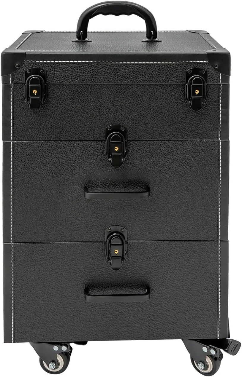 Makeup Rolling Train Case Aluminum Nail bag Organizer Salon Trolley Professional Manicure Tool kit Travel Cart Trunk with lock for Cosmetic Barber Studio Artists (Black Locking Clasp Black)