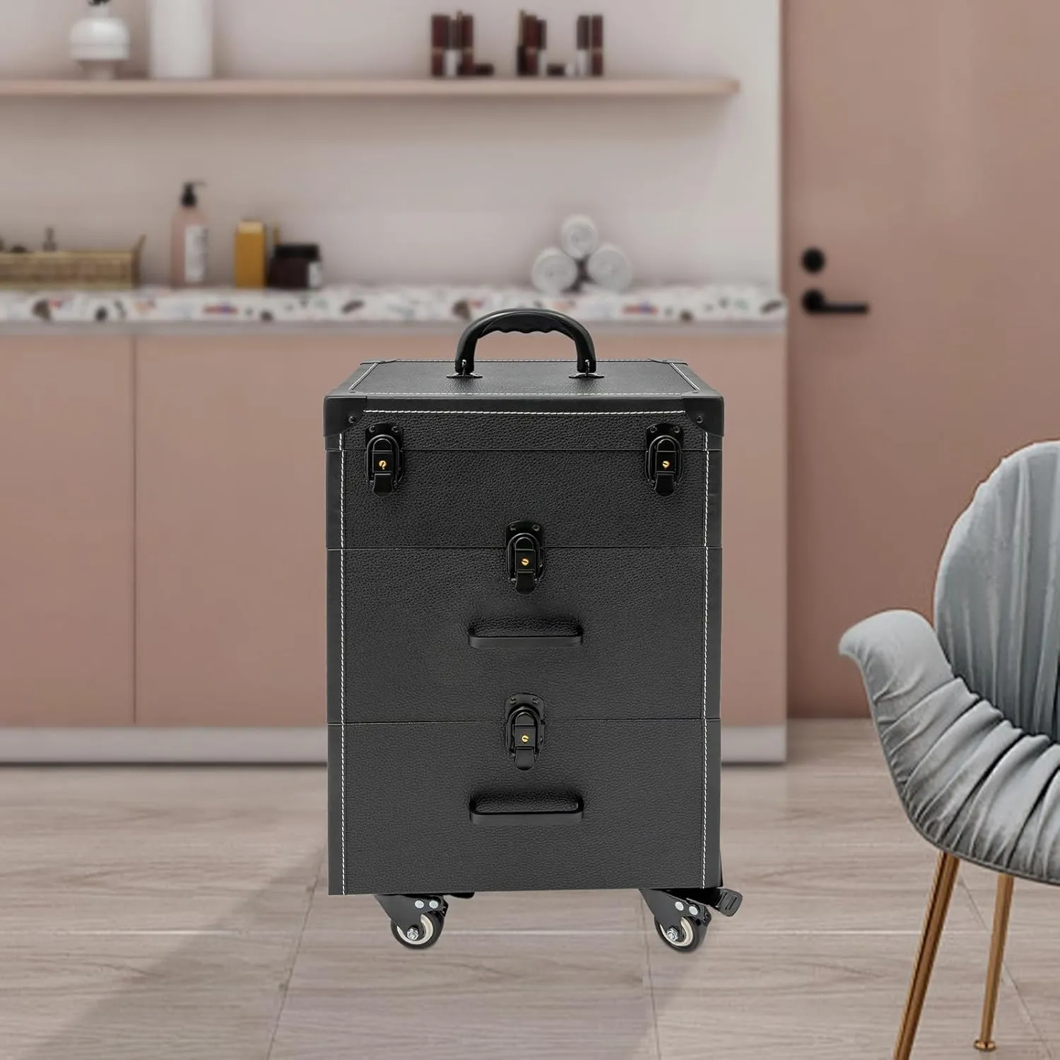 Makeup Rolling Train Case Aluminum Nail bag Organizer Salon Trolley Professional Manicure Tool kit Travel Cart Trunk with lock for Cosmetic Barber Studio Artists (Black Locking Clasp Black)