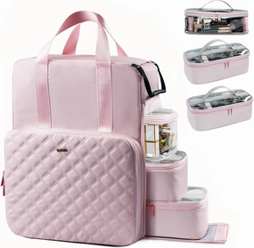 Makeup Backpack, Cosmetic Bag with 3 Removable Cases, Double Makeup Bag with Shoulder Straps and handle, Large Capacity Travel Makeup Case Organizer, Pink