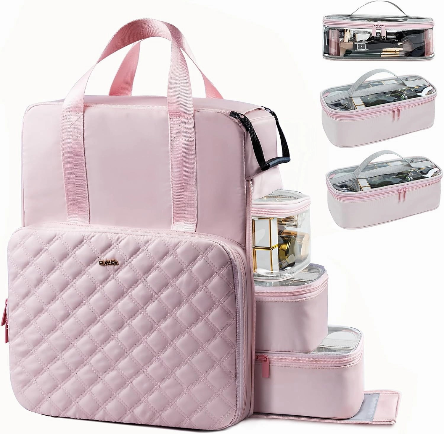 Makeup Backpack, Cosmetic Bag with 3 Removable Cases, Double Makeup Bag with Shoulder Straps and handle, Large Capacity Travel Makeup Case Organizer, Pink