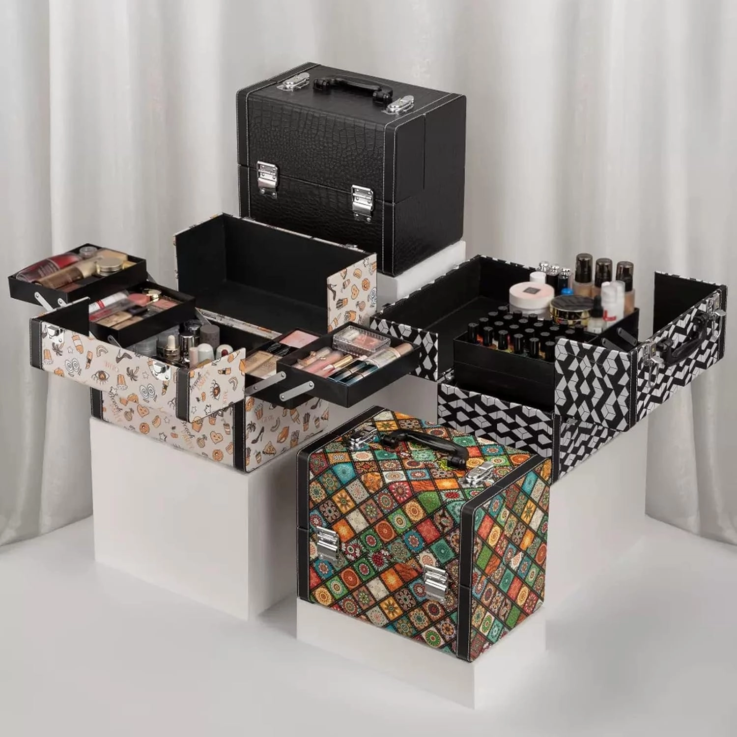 Makeup Bag Cosmetic Case Portable Travel Makeup Train Case Beauty Box, Leather Cosmetic Case, Travel Makeup Case Artist Makeup Train Case, Security Lock, Black 31.5x25.5x20.5cm cosmetic case ( Color :
