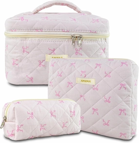 Makeup Bag Travel Cosmetic Bag, 3 PCS Quilted Make Up Bags for Women Makeup Organizer Case, Coquette Makeup Pouch Travel Essentials Toiletries Accessories
