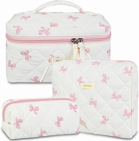 Makeup Bag Travel Cosmetic Bag, 3 PCS Quilted Make Up Bags for Women Makeup Organizer Case, Coquette Makeup Pouch Travel Essentials Toiletries Accessories