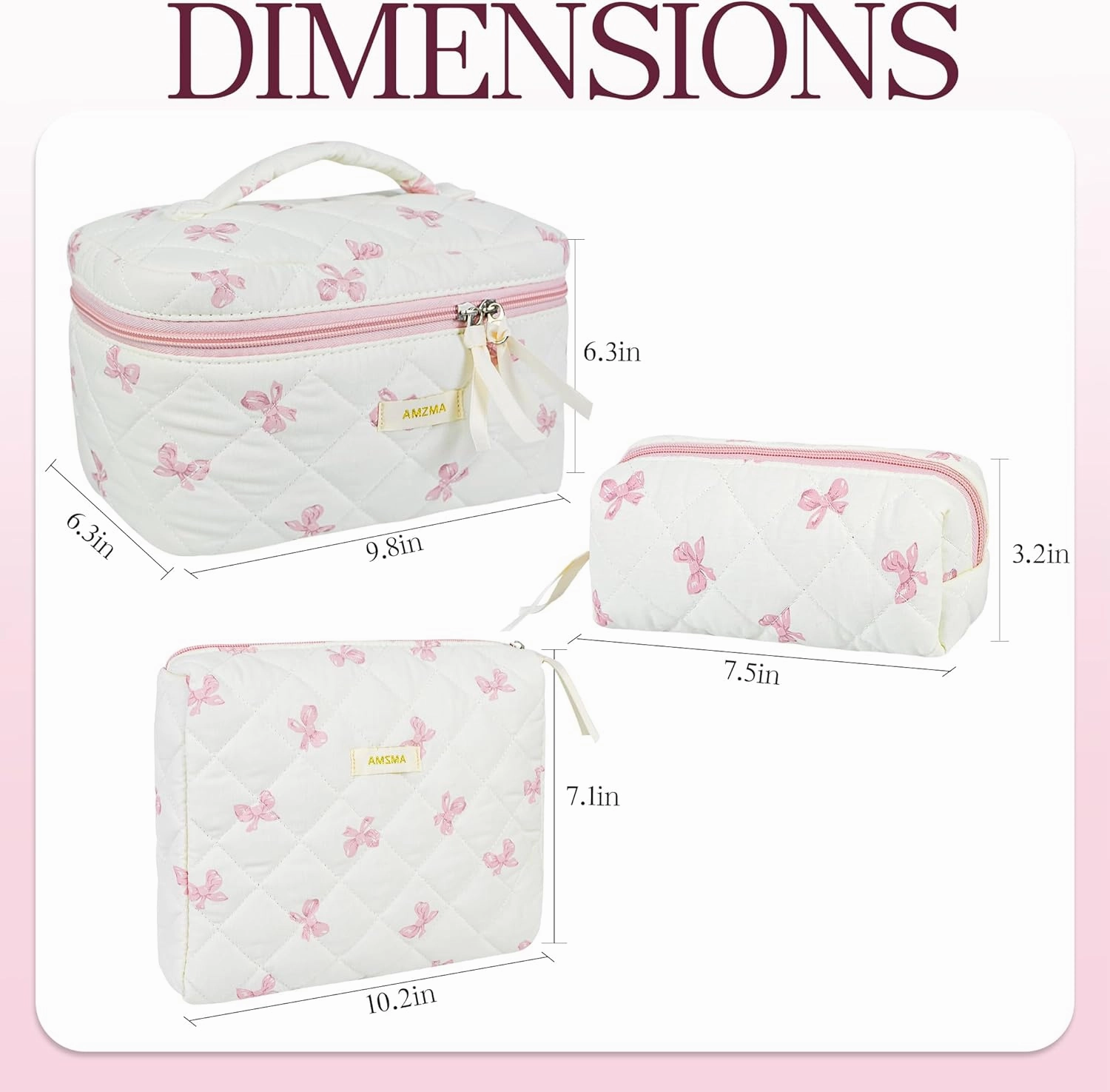 Makeup Bag Travel Cosmetic Bag, 3 PCS Quilted Make Up Bags for Women Makeup Organizer Case, Coquette Makeup Pouch Travel Essentials Toiletries Accessories