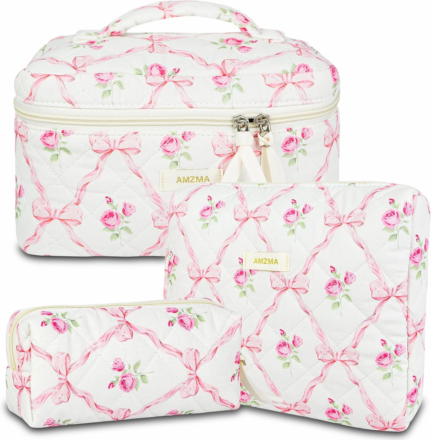 Makeup Bag Travel Cosmetic Bag, 3 PCS Quilted Make Up Bags for Women Makeup Organizer Case, Coquette Makeup Pouch Travel Essentials Toiletries Accessories