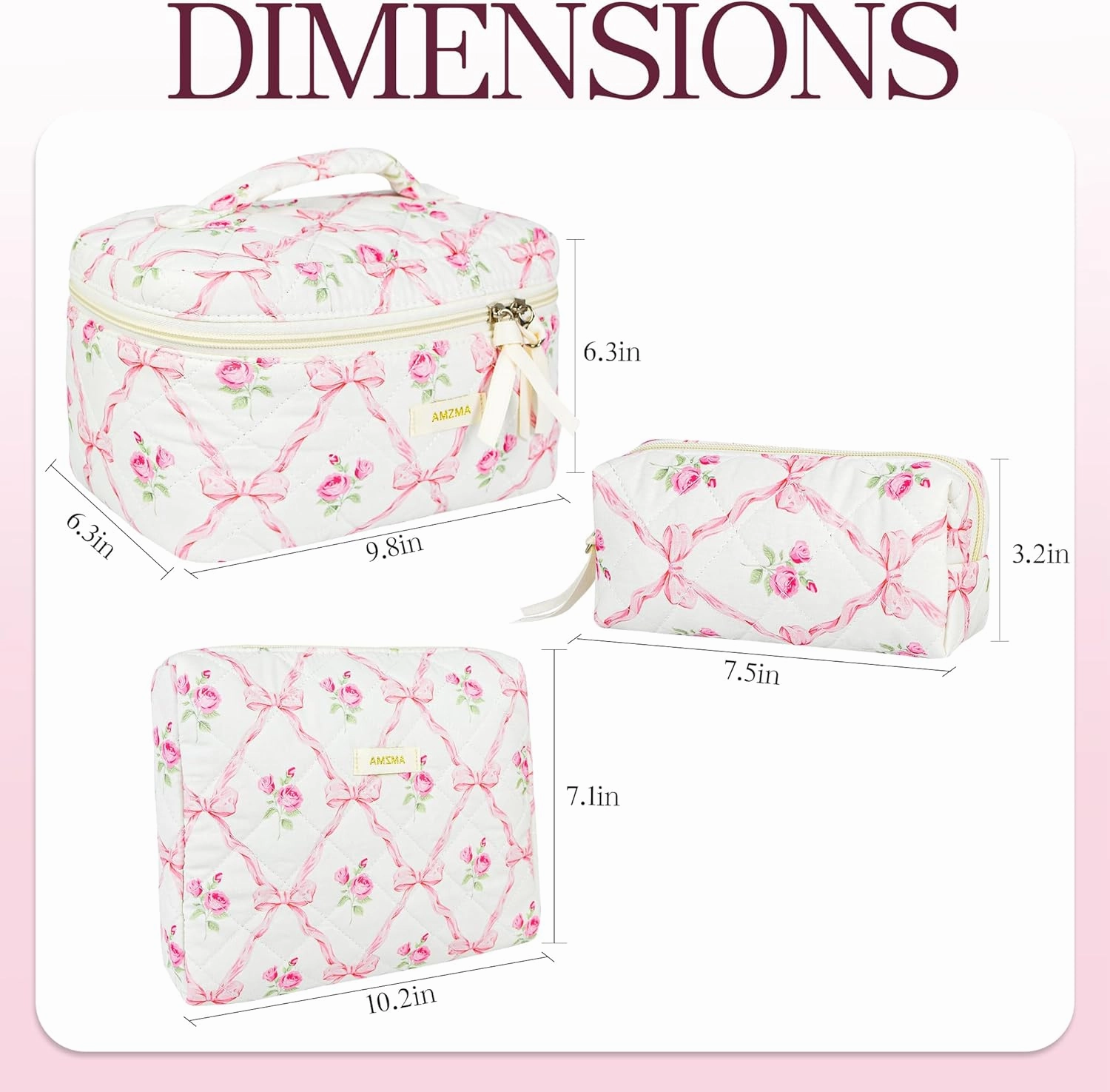 Makeup Bag Travel Cosmetic Bag, 3 PCS Quilted Make Up Bags for Women Makeup Organizer Case, Coquette Makeup Pouch Travel Essentials Toiletries Accessories