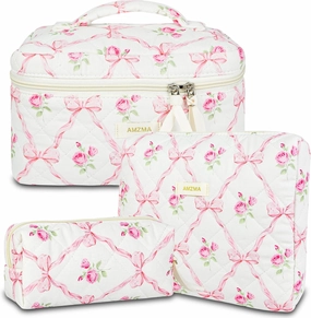 Makeup Bag Travel Cosmetic Bag, 3 PCS Quilted Make Up Bags for Women Makeup Organizer Case, Coquette Makeup Pouch Travel Essentials Toiletries Accessories