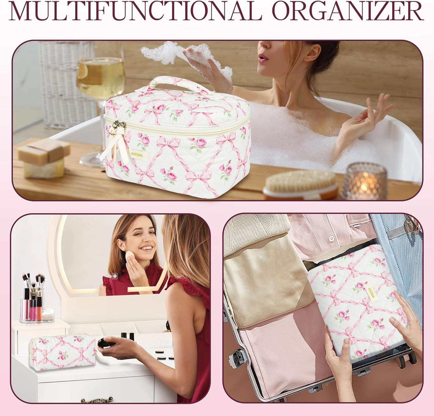 Makeup Bag Travel Cosmetic Bag, 3 PCS Quilted Make Up Bags for Women Makeup Organizer Case, Coquette Makeup Pouch Travel Essentials Toiletries Accessories