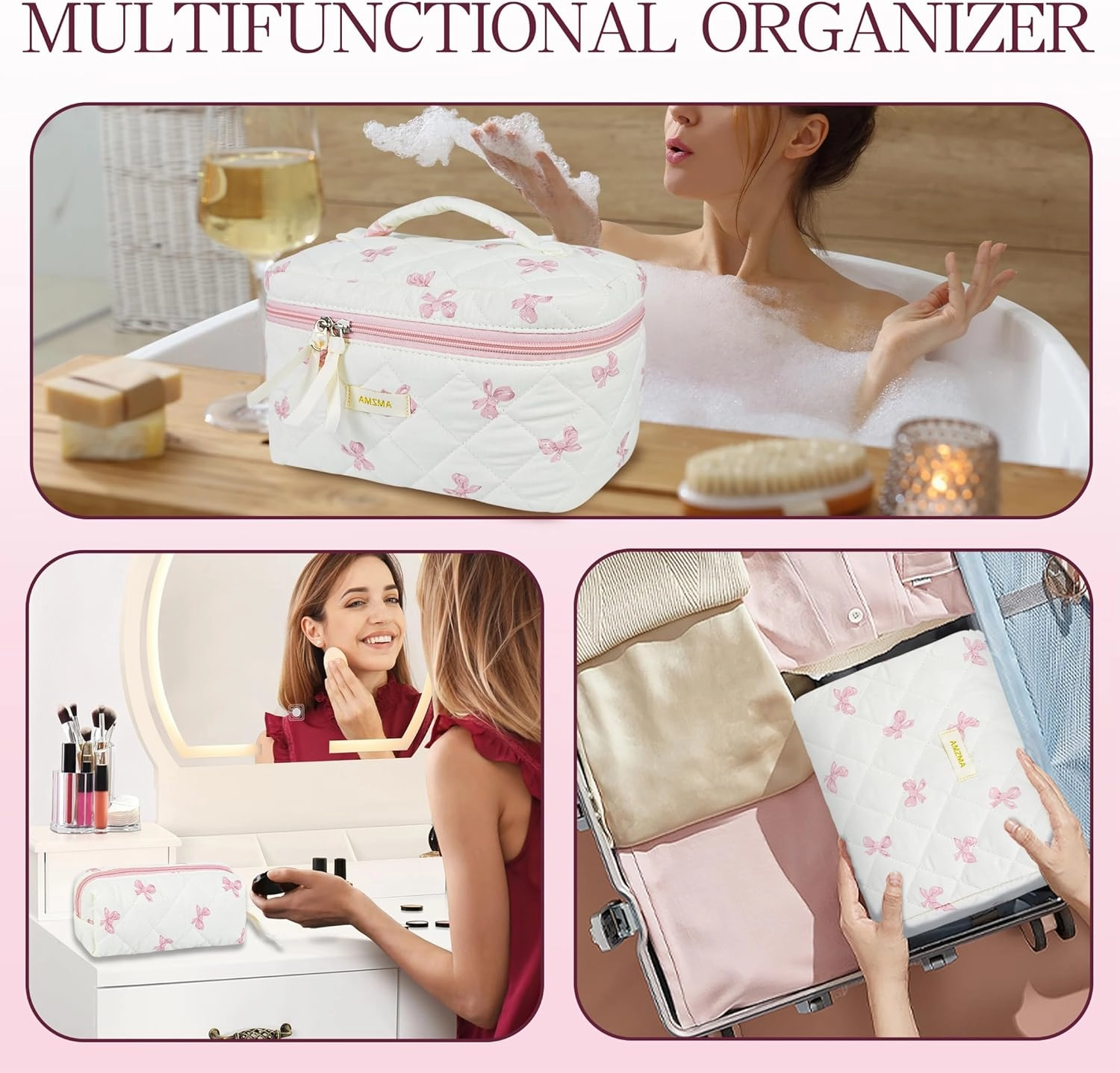 Makeup Bag Travel Cosmetic Bag, 3 PCS Quilted Make Up Bags for Women Makeup Organizer Case, Coquette Makeup Pouch Travel Essentials Toiletries Accessories
