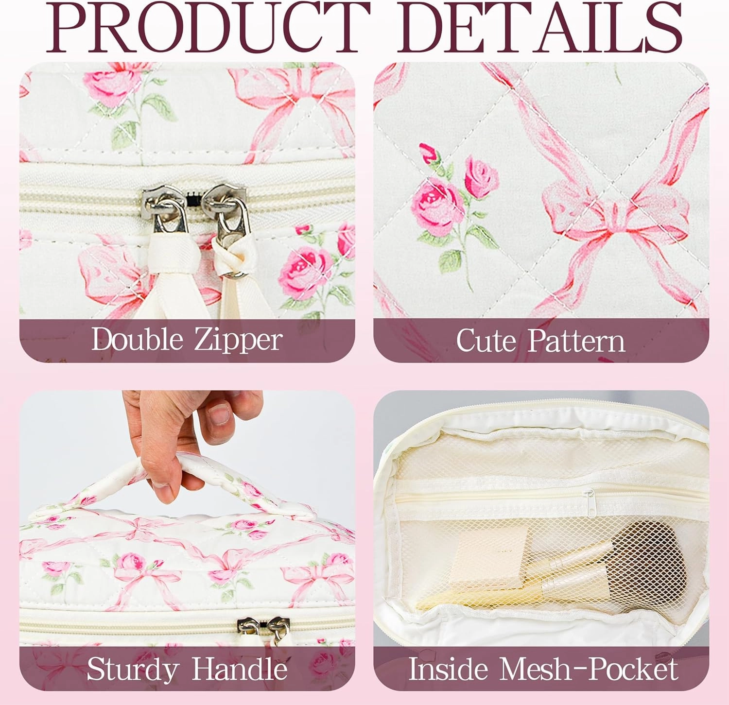 Makeup Bag Travel Cosmetic Bag, 3 PCS Quilted Make Up Bags for Women Makeup Organizer Case, Coquette Makeup Pouch Travel Essentials Toiletries Accessories