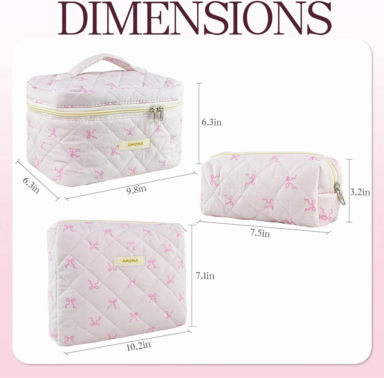 Makeup Bag Travel Cosmetic Bag, 3 PCS Quilted Make Up Bags for Women Makeup Organizer Case, Coquette Makeup Pouch Travel Essentials Toiletries Accessories