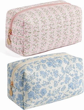 Makeup Bag Travel Cosmetic Bag for Women Girls, Zipper Make Up Pouch, Floral Flowers Toiletry Organizer Makeup, Portable Storage Bag, Cosmetic Travel Cloth Bag (Pink Blue Floral)
