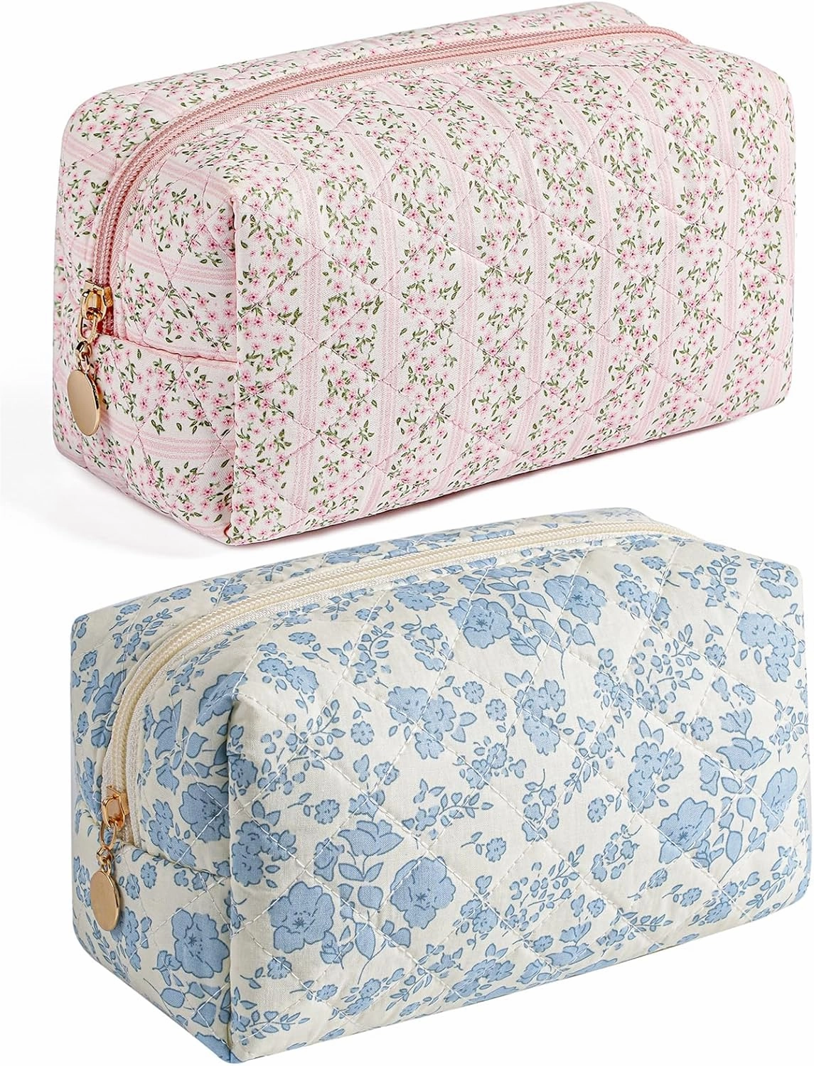 Makeup Bag Travel Cosmetic Bag for Women Girls, Zipper Make Up Pouch, Floral Flowers Toiletry Organizer Makeup, Portable Storage Bag, Cosmetic Travel Cloth Bag (Pink Blue Floral)