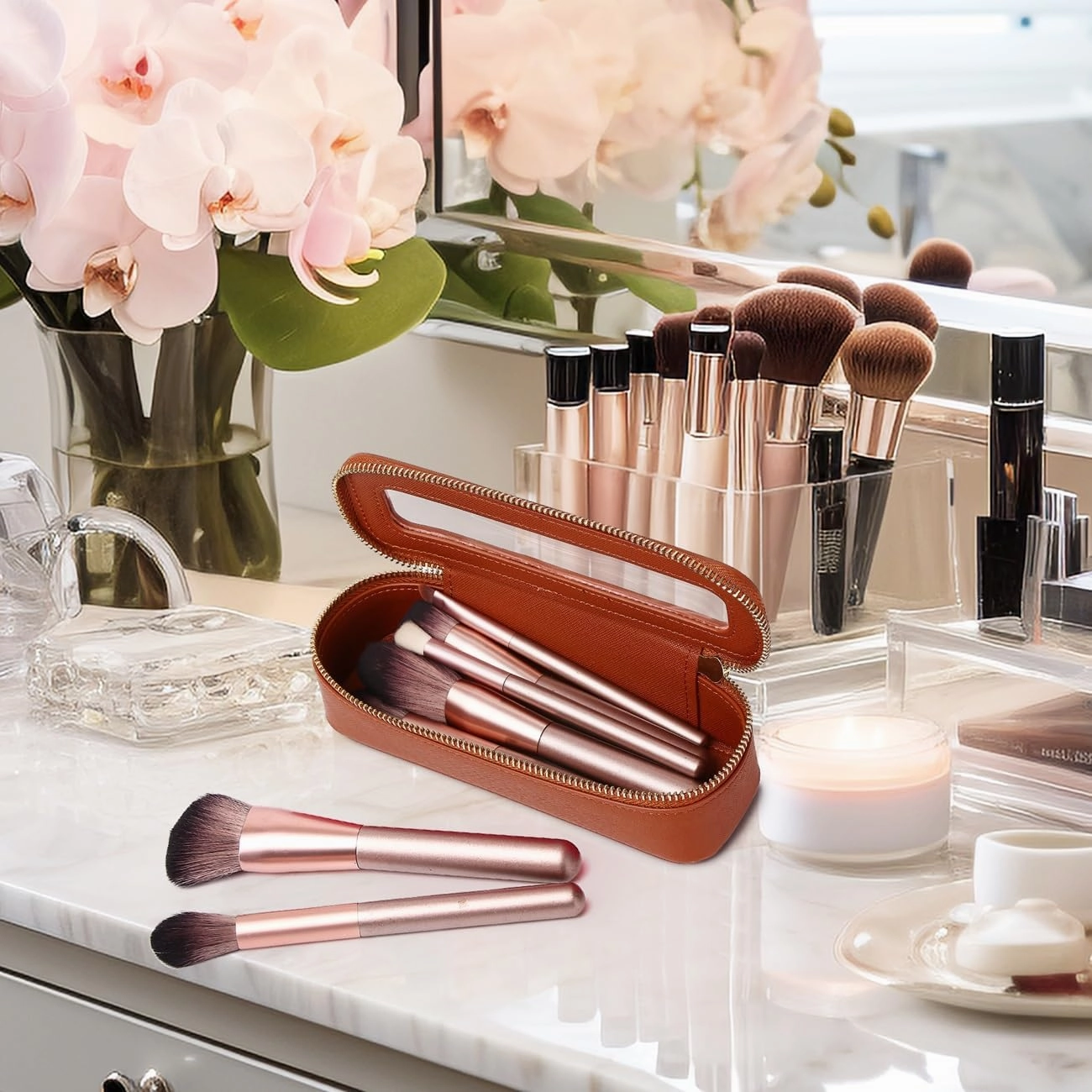 Makeup Brush Bag Slim Clear Makeup Bag Transparent Travel Cosmetic Case & Toiletry Bag with Zipper Small Beatuy Makeup Bag Purse Organizer for Women (X/Brown, SLIM)