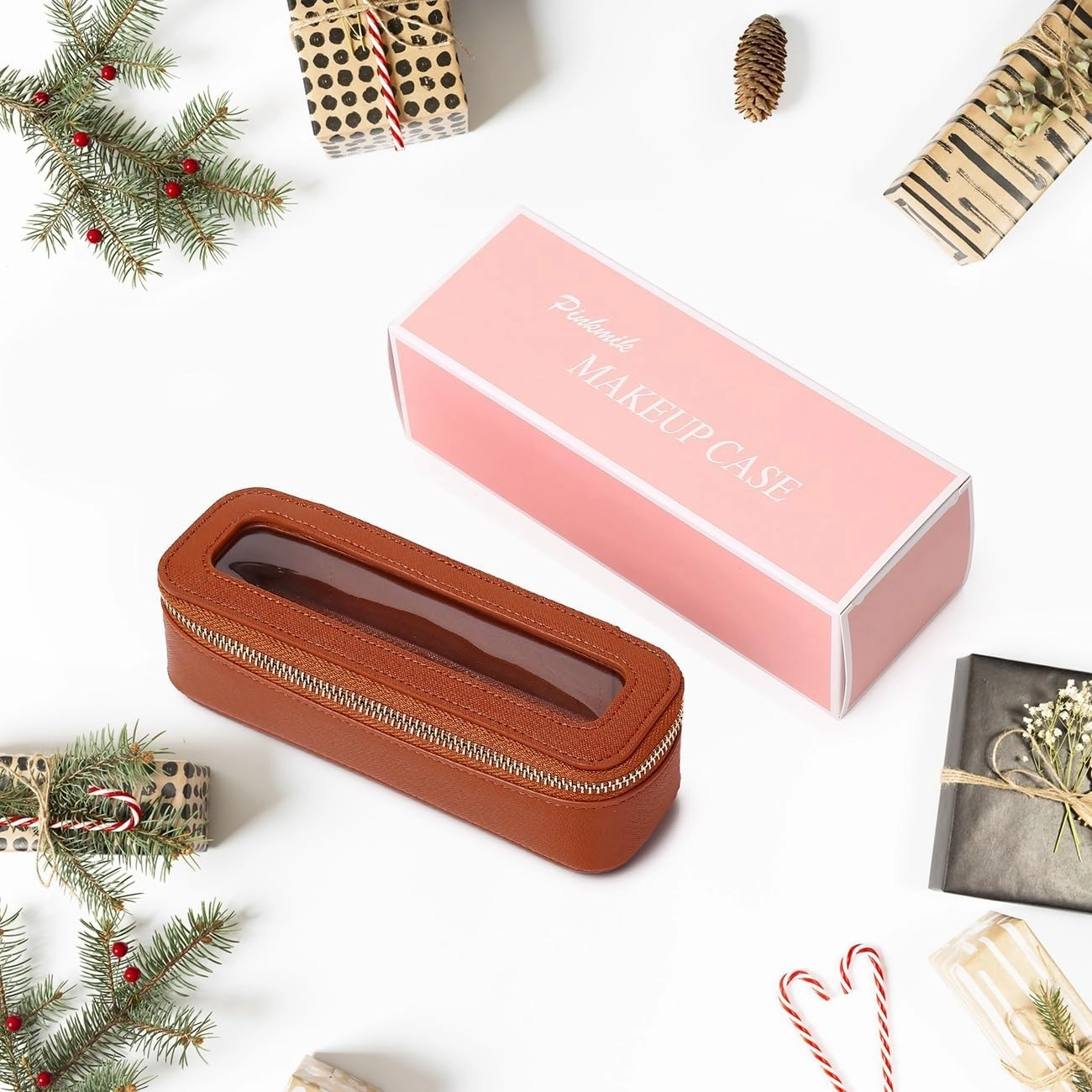 Makeup Brush Bag Slim Clear Makeup Bag Transparent Travel Cosmetic Case & Toiletry Bag with Zipper Small Beatuy Makeup Bag Purse Organizer for Women (X/Brown, SLIM)
